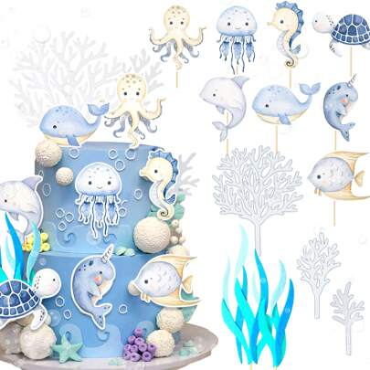 LaVenty Under The Sea Cake Decorations Đồ trang trí bánh cupcake hình động vật đại dương Đồ trang trí tiệc Under The Sea Chủ đề đại dương biển Đồ trang trí tiệc sinh nhật tiết lộ giới tính