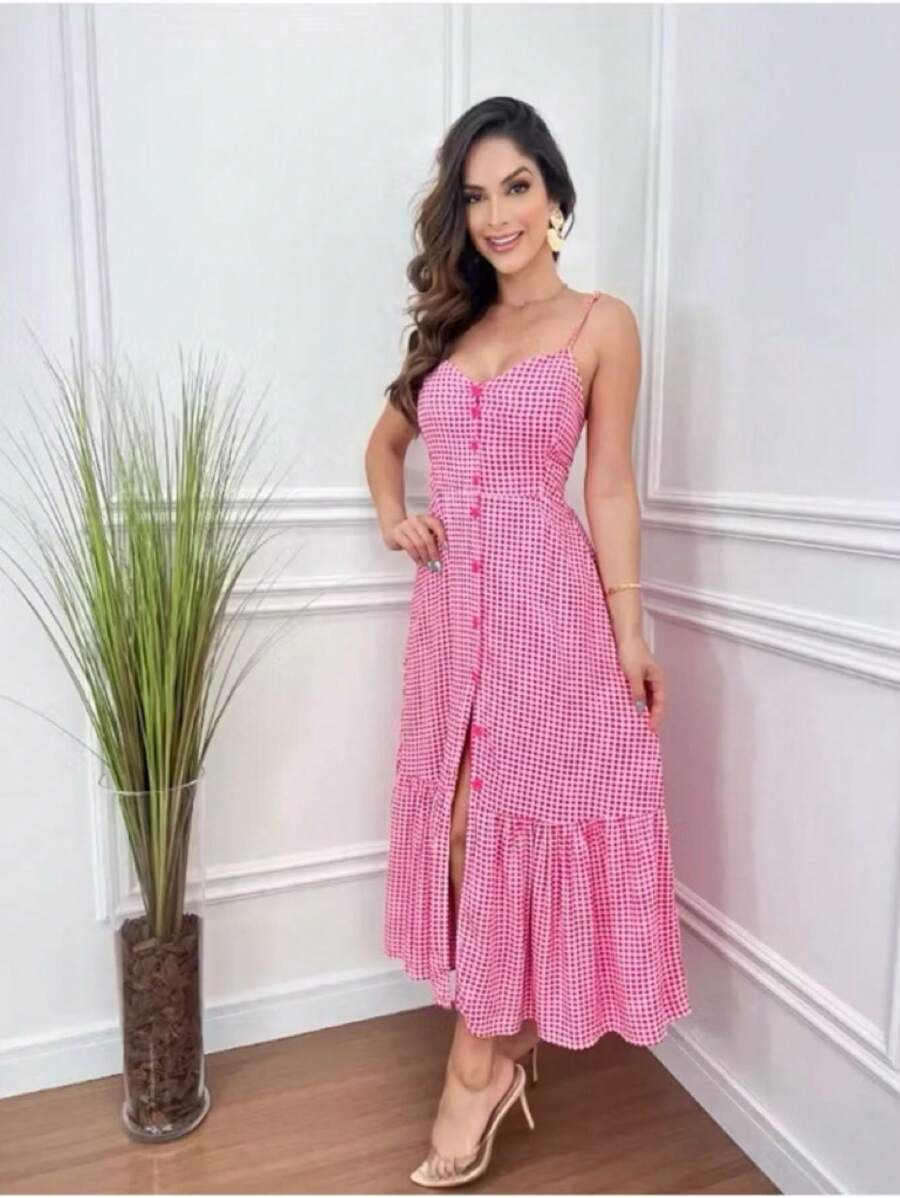 Long Crepe Dress With Padded Cups And Buttons H-1 - 粉色 - 查看 1