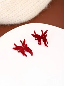 1 对复古法式植绒蝴蝶耳钉，甜美小众高端优雅耳环，适合秋冬 - 酒紅色 - 查看 5