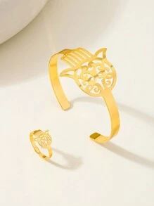 1 Ring+1 Bracelet Fashion Personalized Hollow Carved Palm Ring Bracelet Two Pieces Set