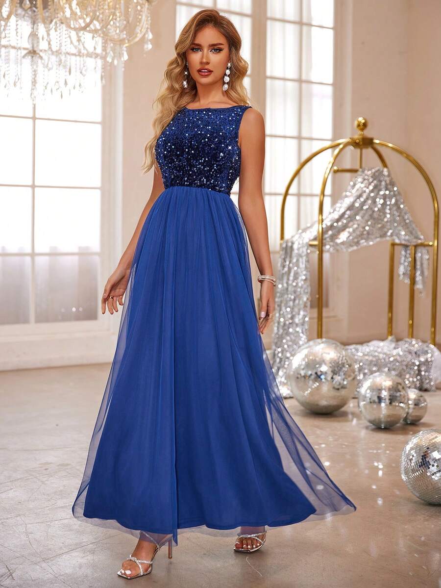 Joyfunear 1 件女士优雅无袖网眼撞色闪亮派对鸡尾酒会连衣裙