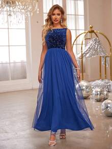 Joyfunear 1 件女士优雅无袖网眼撞色闪亮派对鸡尾酒会连衣裙