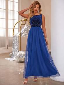 Joyfunear 1 件女士优雅无袖网眼撞色闪亮派对鸡尾酒会连衣裙