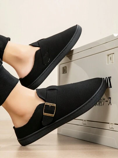 Herren Lässig Pantoffeln, modische einfarbige leichte Slip-On, Innen-/Außenbereich, rutschfeste Hausschuhe mit voller Abdeckung, Schwarz, einfaches Schnallen-Design, Plüschfutter, dick