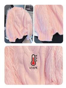 New Fashion Stand Collar Fuzzy Embellished Long Sleeve Sweater For Spring Autumn Pink - Pink - View 9