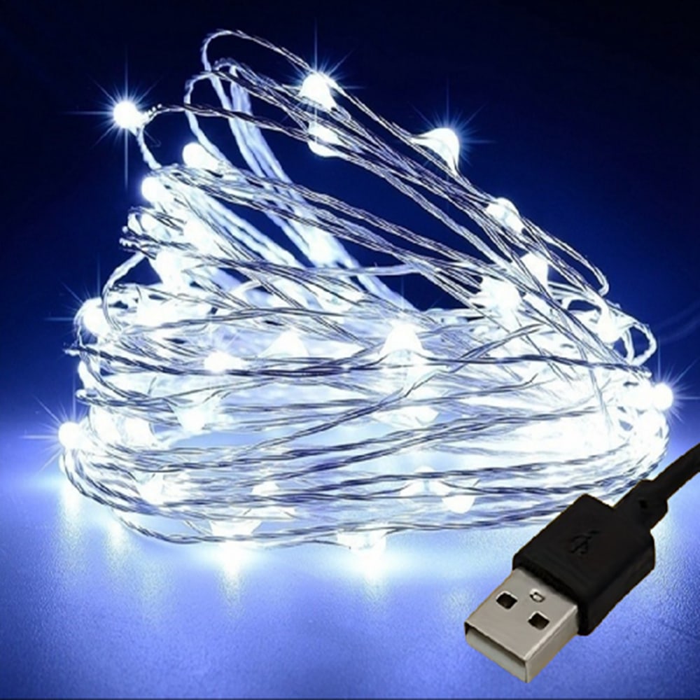 Luces decorativas de alambre de plata con USB, blancas, para decorar ambientes de fiesta