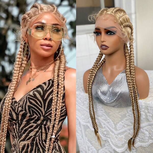 Peluca con trenzas sintética de encaje frontal con cabello baby de 32 pulgadas de color rubio, burdeos y marrón para peluca de trenzas de maíz de 4 trenzas, peluca de bricolaje para cosplay, peluca de cabello trenzado sintético