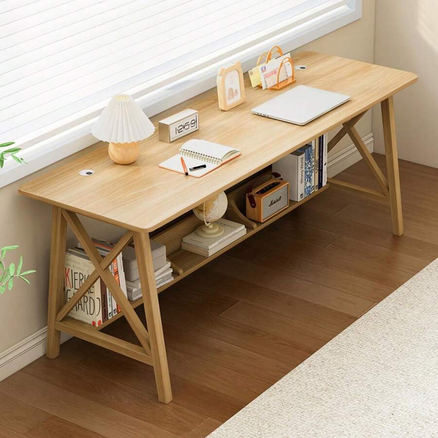 Long Desk With Bookshelf Solid Wood Home Office Work Study Table, 2