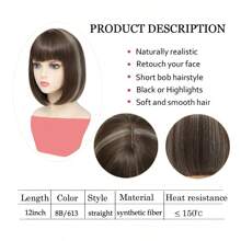 12 英寸短款波波头假发，带刘海，女士自然造型短款假发，超柔软直波波头假发，彩色合成假发，适合日常、角色扮演、万圣节 - 彩色 - 查看 5