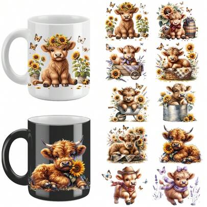 5 Packs Cute Cow UV DTF Cup Wraps Decals Waterproof Transfer Stickers, DIY Spring Highland Cow UV DTF Transfer Stickers For Mug Waterproof, High Quality (3.2"X7.8")