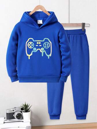 Set de 2 piezas de sudadera y pantalón de chándal con estampado de videojuegos y forro térmico para niños pequeños