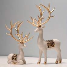 2 件/套树脂鹿雕像装饰，客厅书架装饰，电视柜展示，装饰品，生日礼物，圣诞节和感恩节礼物，圣诞装饰/圣诞驯鹿装饰 - 卡其色噴點 - 查看 5