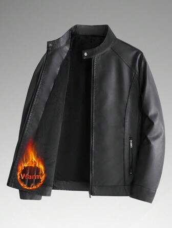 Herrlångärmad termofodrad PU-läderjacka, varm och avslappnad ytterjacka, höst/vinter