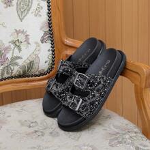 Official Designer Flower Sandal Blanket Stones Rhinestones Shiny Buckle Easy Fit Macal - màu đen - Xem 5