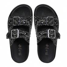 Official Designer Flower Sandal Blanket Stones Rhinestones Shiny Buckle Easy Fit Macal - màu đen - Xem 4