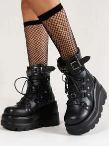 Gothic Women's Boots Punk Rivet Lace Wedge Heel Shoes Motorcycle Fight Style Comfortable Short Boots Christmas Shoes - màu đen - Xem 4