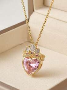 1pc Girl Pink Crown & Heart Pendant Necklace - Ideal Gift For Birthday
