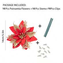10 件人造红色一品红花，圣诞花装饰，14 厘米/5.5 英寸圣诞人造饰品，适合派对装饰饰品带夹子和茎闪光 DIY（红色） - 彩色 - 查看 3