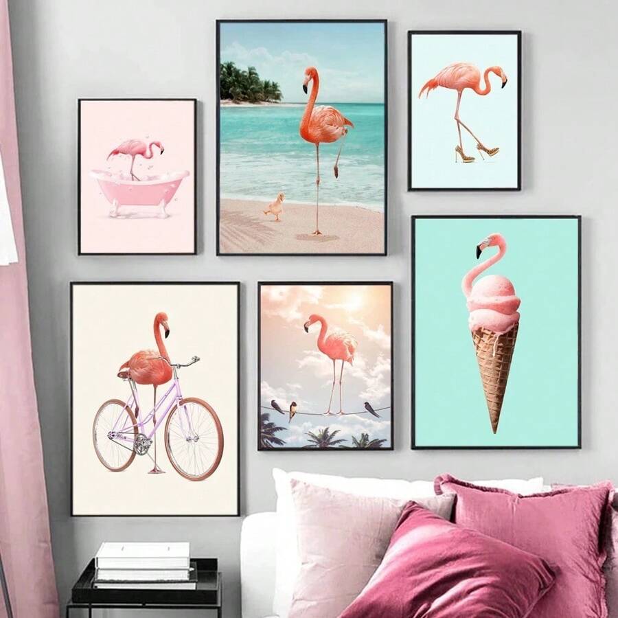 1 件时尚风格趣味粉色漂亮火烈鸟帆布画海报和印刷品墙画家居装饰适用于客厅卧室无框架 - 彩色 - 查看 1