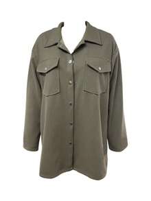 女士休闲前扣翻盖口袋衬衫，日常穿着，秋季 - 綠色 - 查看 3