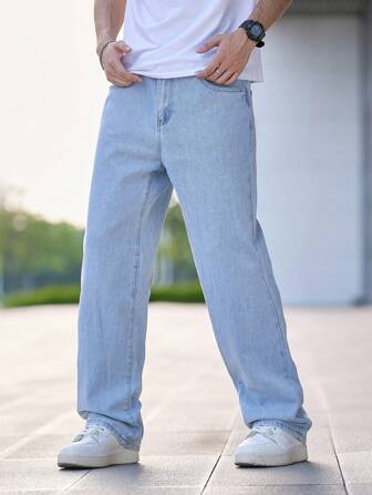 Men's Plain Washed Straight-Leg Jeans