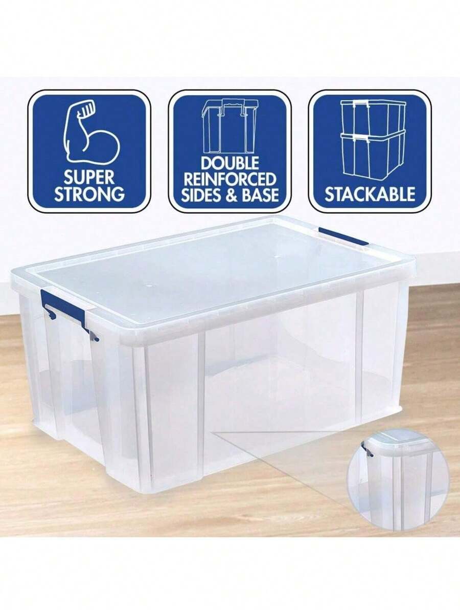 BOX Plastic Storage Boxes With Lids, Pack Of 3, 2 X 70 Litre + 1 X 85
