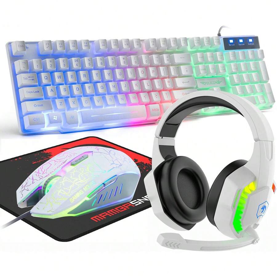 HOOPOND Wired Gaming Keyboard And Mouse Headset Combo,Rainbow LED Backlit Wired UK Layout Keyboard,Over Ear Headphone With Mic,Rainbow Backlit Gaming Mice,Mouse Pad,For PC,Laptop,Ma C,P S4,X Box - 白色 - 查看 1