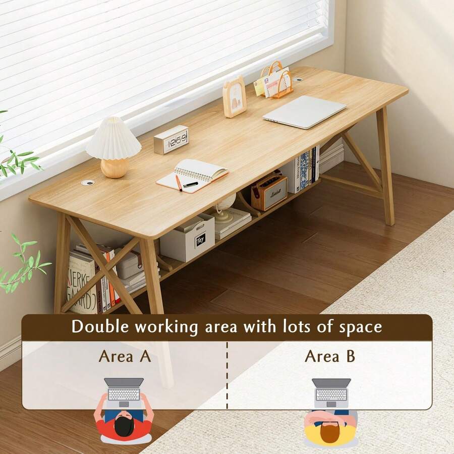 Long Desk With Bookshelf Solid Wood Home Office Work Study Table, 2