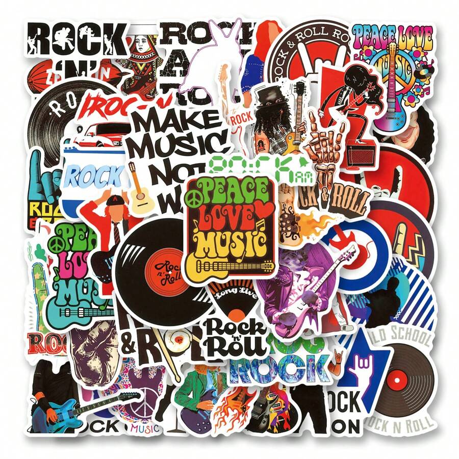 50pcs Reusable Rock & Roll Sticker Set, Vibrant Graffiti Stickers For Water Bottles, Laptops, Skateboards, Suitable For Diaries, Scrapbooks, Party Supplies, Great For Winter, New Year