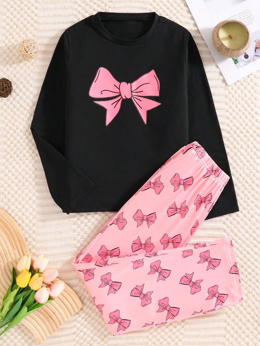 Elegant And Fashionable 2 Pieces Girls' Air-Conditioned Room Loungewear Set, Round Neck Long Sleeve, Bow Print Top And Pink Pants, Suitable For Children And Girls To Wear At Home In Spring, Summer, Autumn, And Winter. - Black - View 1