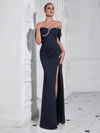 Vestido formal con hombros descubiertos, con drapeado, aberturas laterales y adornos asimétricos de MASFEARS, vestido de fiesta, vestido de invitada a una boda, vestido de noche