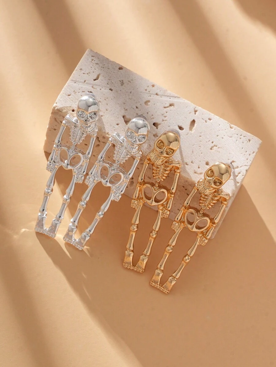 2 对哥特朋克嘻哈摇滚风格夸张个性化多色骷髅头金属耳环，可拆卸耳钉适合日常、工作、派对、节日装扮、摄影 - 骷髏頭款 - 查看 1