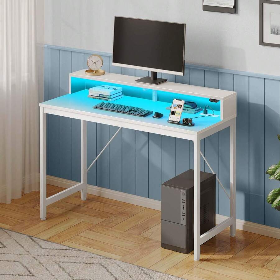 Computer Desk 39 Inch With LED Lights & Power Outlets, Home Office Desk