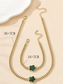 1 件项链和 1 件手链波西米亚复古金属花项链和手链套装，复古金三叶草女士首饰套装 - 綠色 - 查看 3