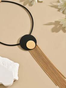 1 件长短可转换金链流苏项链，黑色和金色几何对比拼接长链吊坠，适合正式礼服 - 彩色 - 查看 3