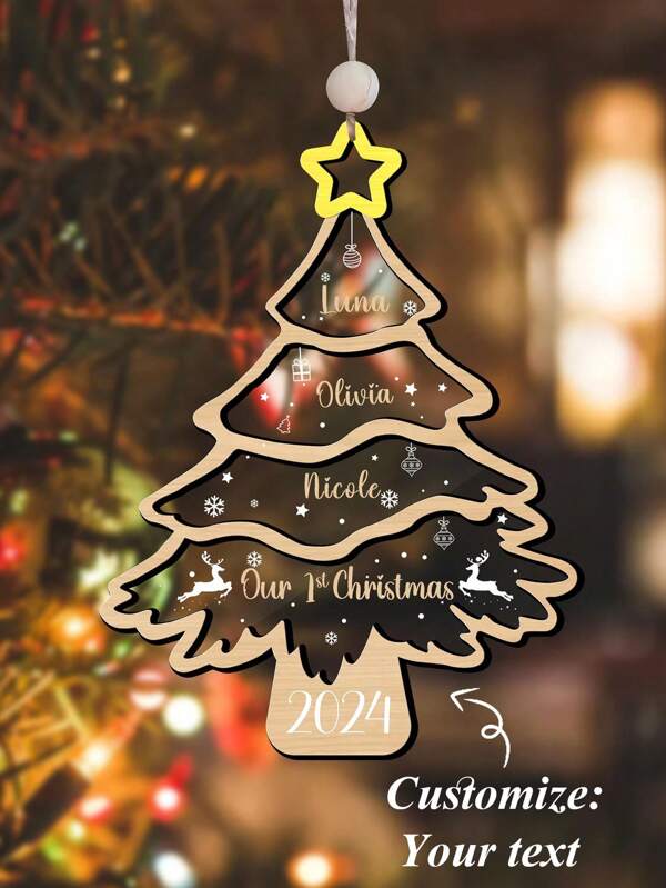 Nome personalizado do texto Árvore de Natal da família Ornamento de pingente de camada dupla de acrílico e madeira feito à mão, decorações de Natal para a família, decoração de árvore de nome de família, decorações com animais de estimação, nomes de árvores de Natal, decorações de Natal 2024