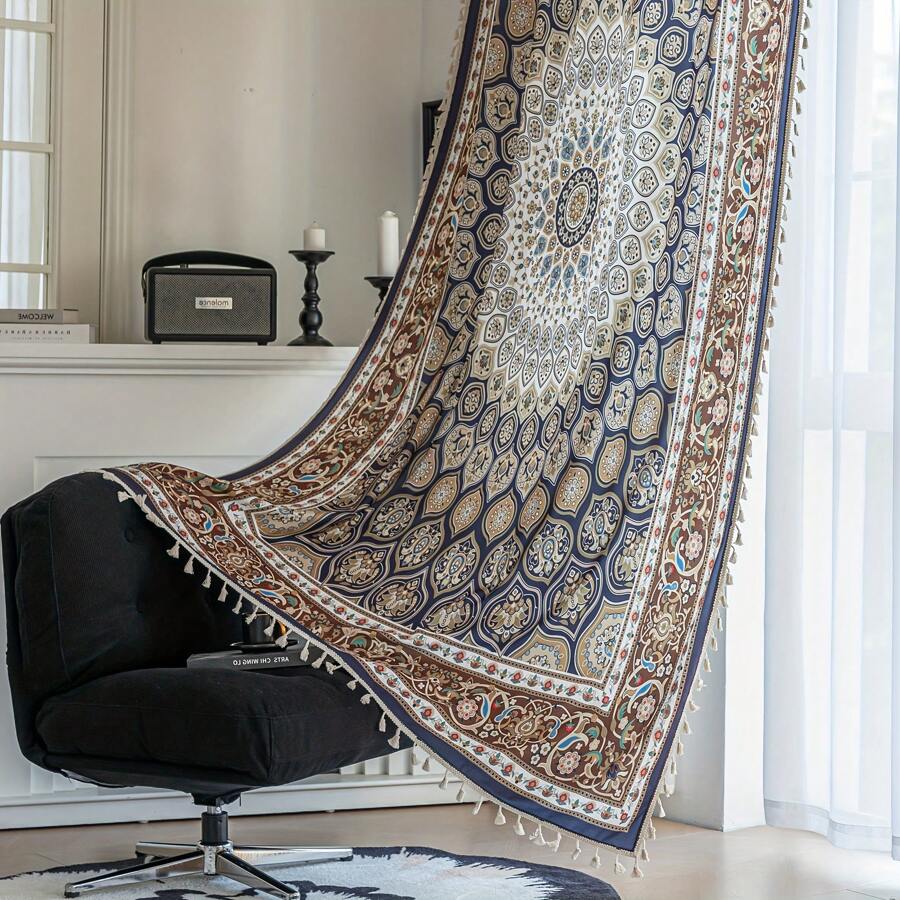 2 件农舍风格波西米亚风窗帘，数码印花孔雀羽毛流苏多色，遮阳隐私保护窗帘，适用于卧室、客厅、餐厅、酒吧、游戏室、宿舍、家居装饰 - 彩色 - 查看 1