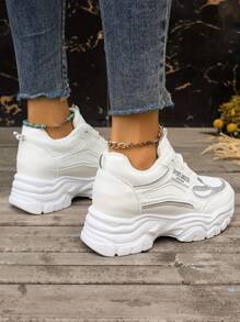 1 双女式保暖厚底运动鞋，皮革鞋面，毛绒衬里，休闲保暖运动鞋，增高 8 厘米，秋冬 - 白色 - 查看 3