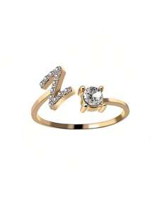 1 Stück modischer einstellbarer Ring mit 26 englischen Buchstaben Design aus kubischem Zirkonia, kreatives Geschenk für Frauen, Paar-Alltagsringe