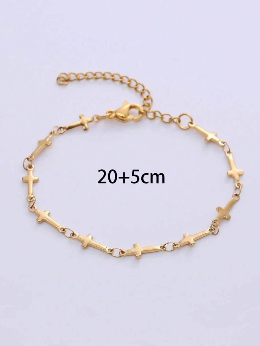 1pc Gold Tone Stainless Steel Plated 18K Real Gold Cross Chain Anklet