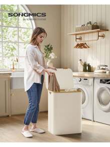 SONGMICS Cesto de Ropa Sucia con Tapa, Gran Cesta Colada de 2 Secciones, 130 L, Forro de Malla Extraíble, Tejido Oxford, Asas Bambú, Plegable, 52 x 38,5 x 70,5 cm, Blanco Crema - lechoso - Ver 2