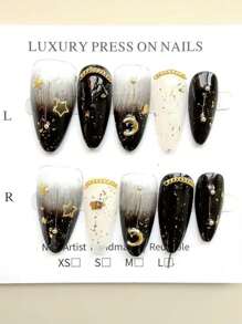 Bộ 10 móng tay giả Gothic Ombre màu đen, móng tay giả hình quả hạnh nhân thủ công trang trí với ngôi sao và mặt trăng màu vàng, có thể tái sử dụng, sang trọng và thanh lịch - Vàng - Xem 7