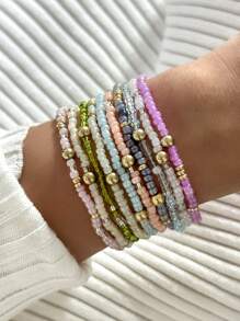 Bộ 10 chiếc/Bộ vòng tay đàn hồi đính hạt thủ công, hạt thủy tinh nhiều màu & vòng tay CCB quyến rũ dành cho phụ nữ - Nhiều màu - Xem 1