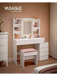 VASAGLE Tocador con Luces LED de Brillo Ajustable, Mesa de Maquillaje con Espejo, Compartimentos Abiertos, Estantes Ajustable, Estación de Maquillaje, Moderno, Blanco Nube, Regalo de Navidad