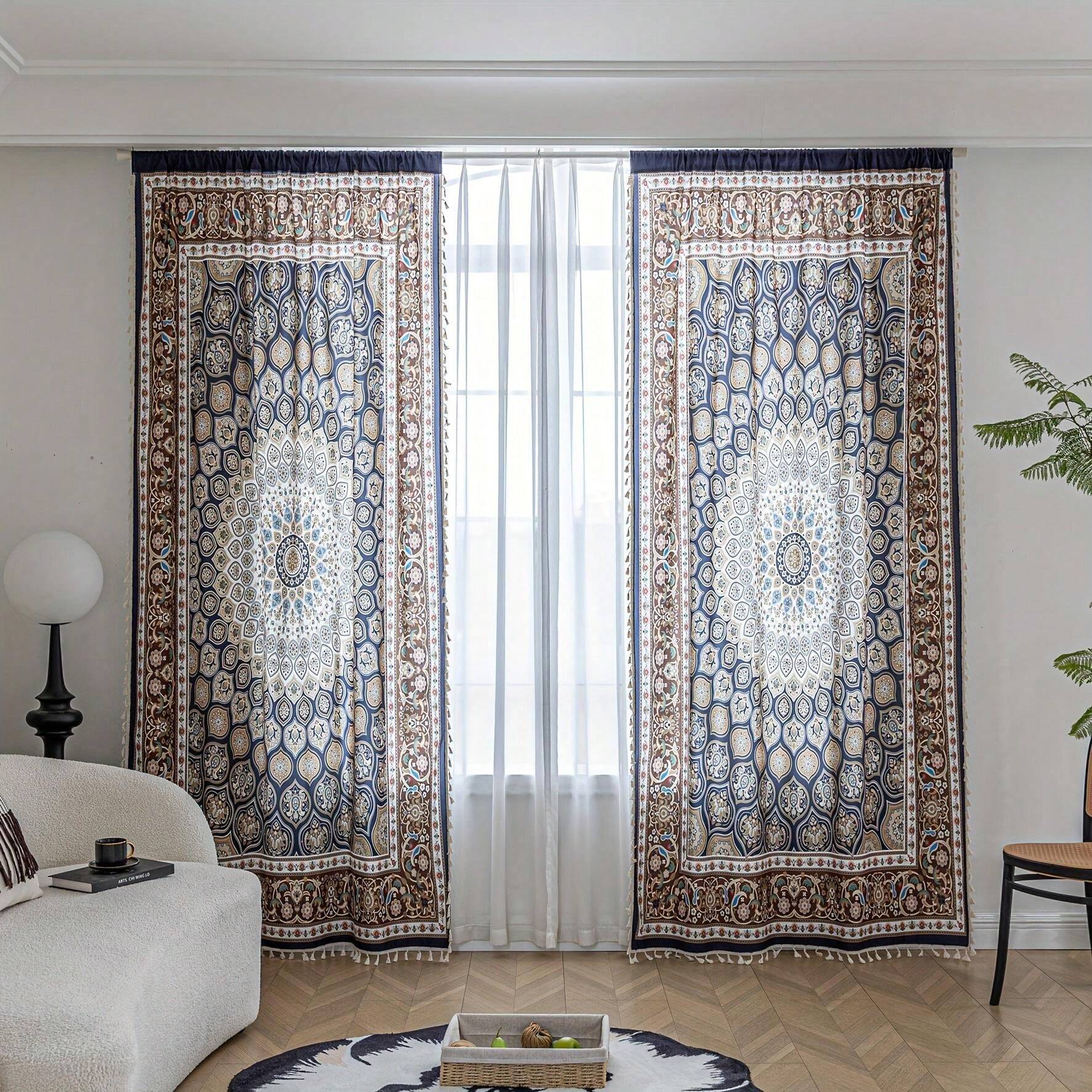 2pcs Farmhouse Style Boho Curtains, Digital Printed Peacock Feather