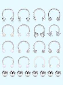 12-16 件鼻中隔环 16G 鼻中隔首饰 医用钢马蹄形环 耳轮 耳甲耳屏 唇鼻穿孔固定器 男女通用 - Silvery - 查看 6