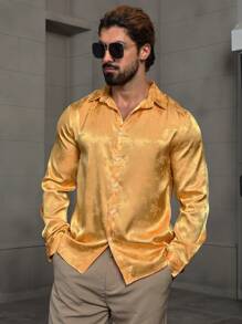Áo sơ mi nam dài tay họa tiết hoa satin jacquard, dự tiệc trang trọng - Vàng - Xem 5
