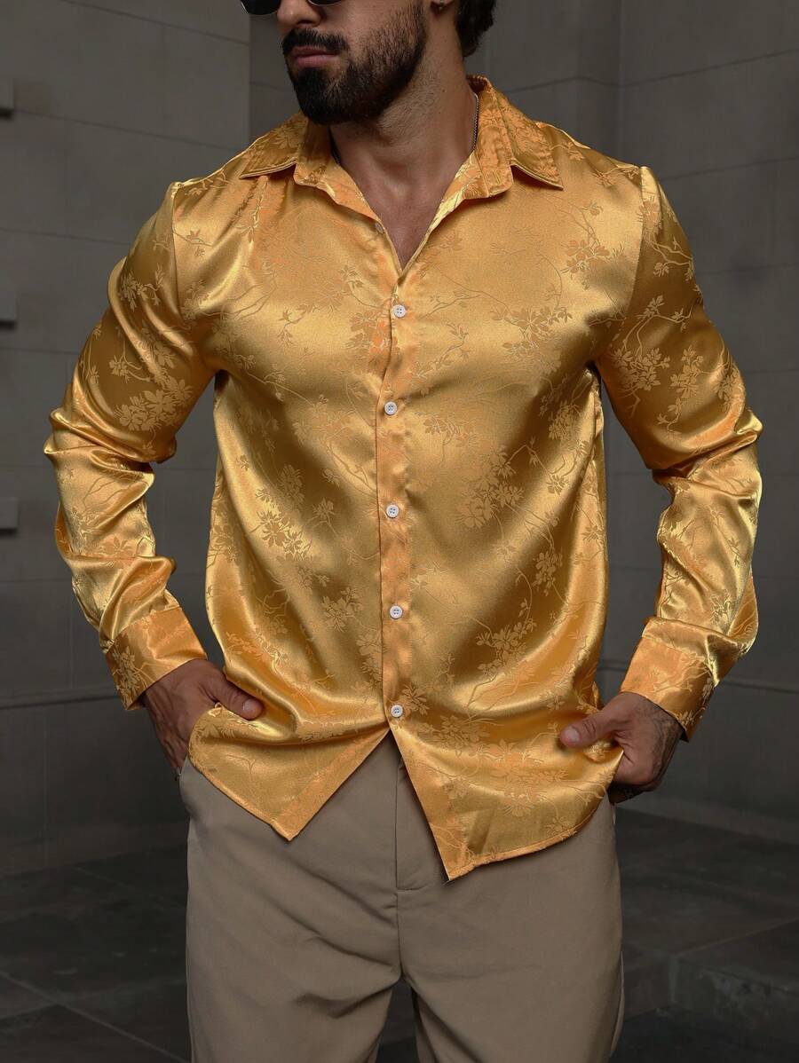 Áo sơ mi nam dài tay họa tiết hoa satin jacquard, dự tiệc trang trọng - Vàng - Xem 1