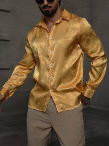 Áo sơ mi nam dài tay họa tiết hoa satin jacquard, dự tiệc trang trọng - Vàng - Xem 3