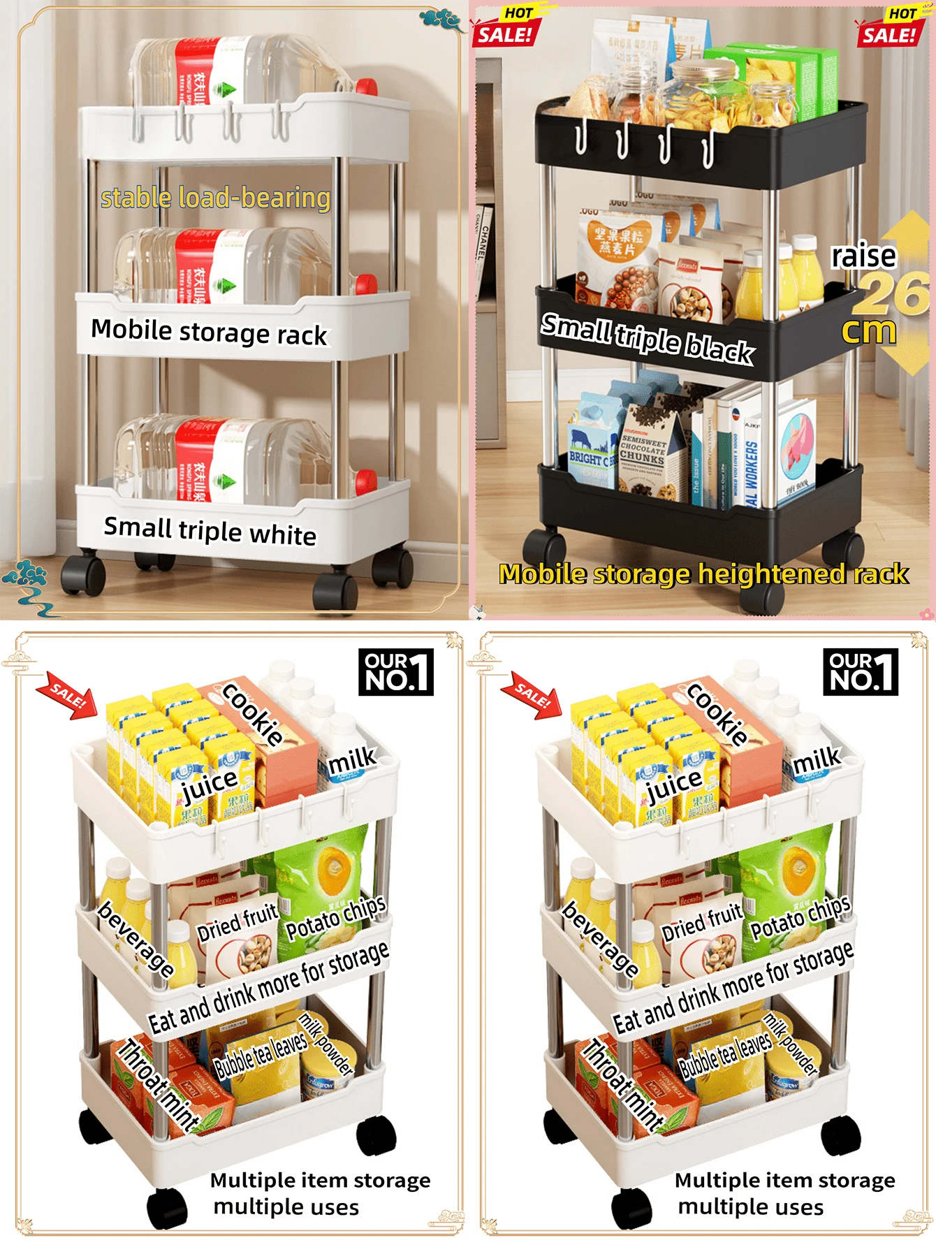 3Tier Wid Storage Cart Mobile Shelving Unit Organizer Slide Out Storage